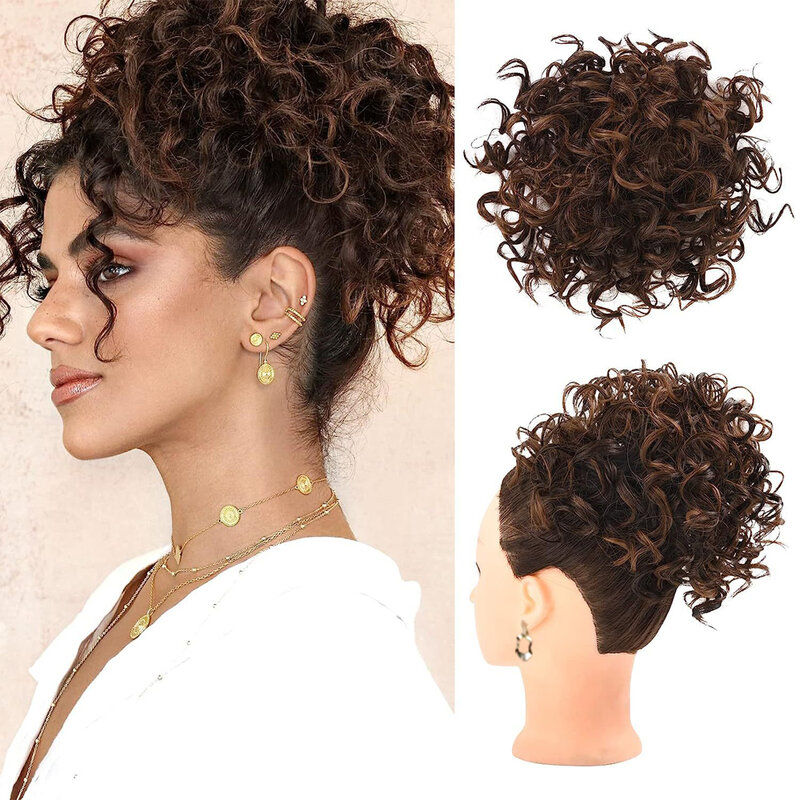 Синтетический спутанный пучок волос кусок Эластичный шнурок свободные волнистые вьющиеся волосы булочки волосы удлинители для женщин темно-коричневый