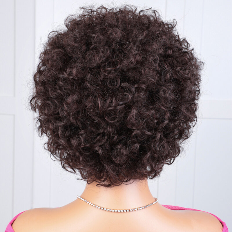 Peruca curta Glueless Curly Bob Afro com Franja para Mulheres, Cabelo Humano Brasileiro, Remy Hair Wear, To Go, Perucas Kinky Castanhas Naturais