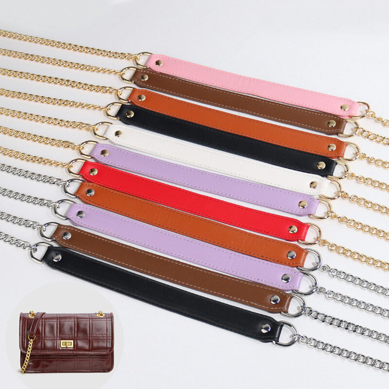 120cm Replacement Shoulder Crossbody Bag Strap Black PU Leather Handle with Gold Silver Metal Chains Messenger Chain Bag Belt