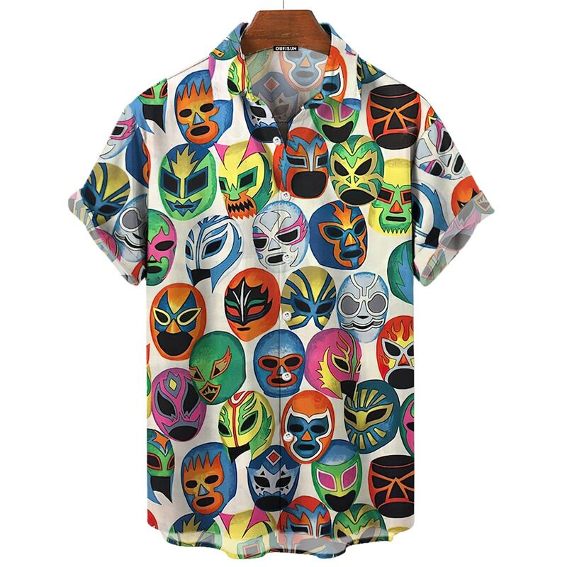 Vintage Men's Shirt 3d Mexican Wrestling Printed High-Quality Men's Clothing Loose Oversized Shirt Fashion Casual Short Sleeves