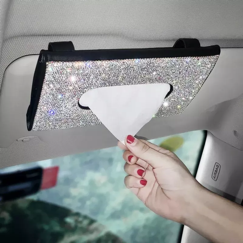 Car Sun Visor Tissue Box Titular Cristal Espumante Coberto PU Couro Assento Traseiro Auto Acessório para Senhoras Decoração Do Carro