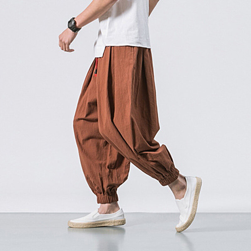 1szt Męskie bawełniane i lniane przycięte spodnie Luźne spodnie plażowe z szerokimi nogawkami Japońskie spodnie do joggingu ulicznego