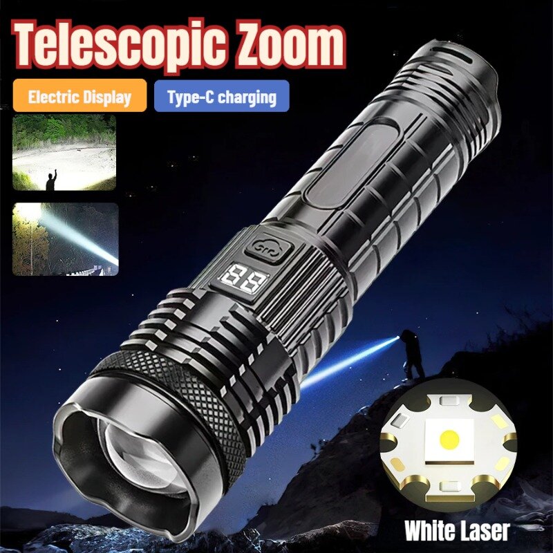FLSTAR FIRE Powerful Zoom Flashlight USB Rechargeable Power Display White Laser Lantern Waterproof Torch Outdoor Camping Fishing