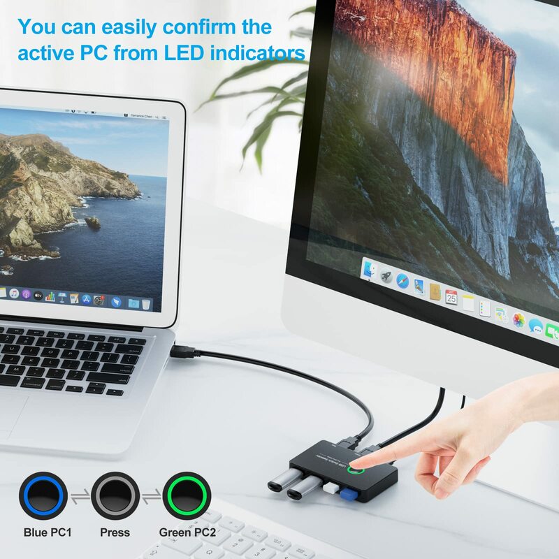 Квм-переключатель USB 3,0, USB-переключатель на 2 компьютера, совместное использование 4 USB для ПК, мыши, клавиатуры, принтера, сканера, совместим с Windows, Mac, Linux