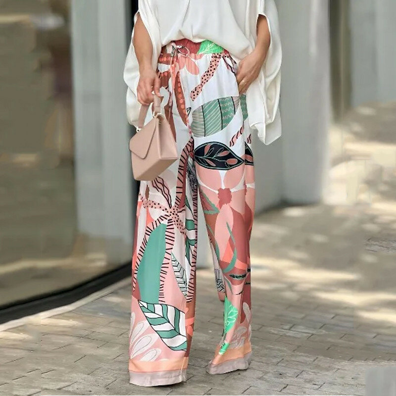 Women Pants Sets Two Pieces Set Batwing Sleeve V Neck Top Wide Leg Pants Pullover Casual Printing Loose Summer 2024 Pockets