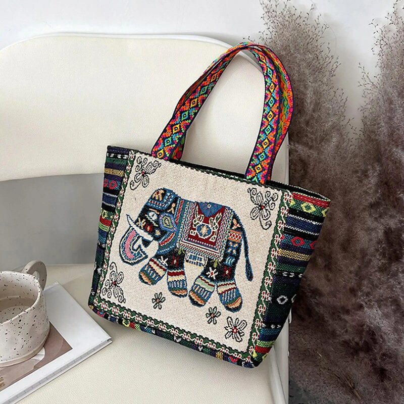 Bolso de mano bordado Retro de gran capacidad para mujer, bolso de hombro de compras informal, bolso de viaje hecho a mano