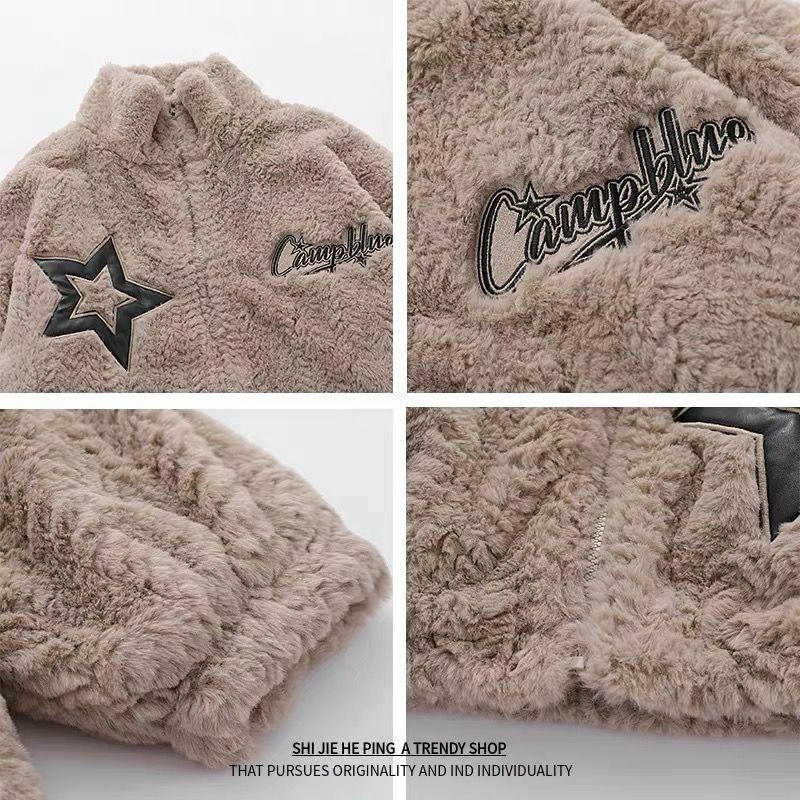 Lambswool Star Embroidered Lamb Fleece Coat Women'S Fashion Lazy Couple Cotton Coat 2023 New