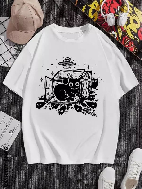 90s Graphic Rock Top Tees Female Simple Brush Drawing Cat T Shirt Harajuku Vintage T-shirt Fashion Queen Women's T shirt