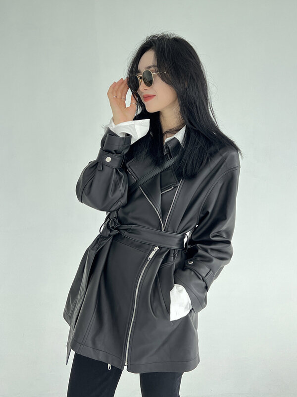 여성용 가죽 코트, 미디엄 롱 세트 칼라 오토바이 재킷, 오버사이즈 코트, 용수철 가을 새로운 스타일, 2024
