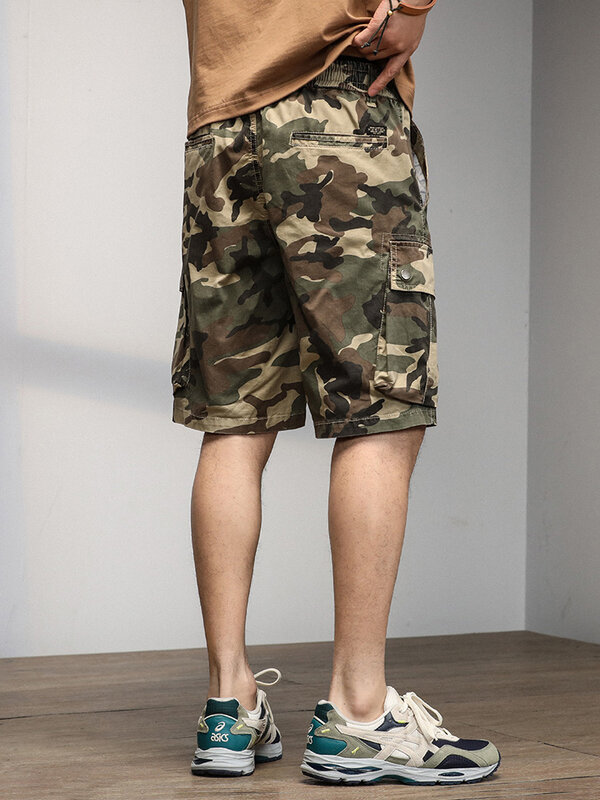 Summer Camouflage Cargo Shorts Men Stretch Cotton Drawstring Work Wear Straight Casual Shorts Male Loose Bermuda Short Pants