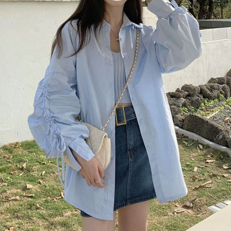 Kemeja Set kamisol wanita gaya Korea musim panas manis bergaya Shirring semua-cocok klasik minimalis nyaman kerah lipat