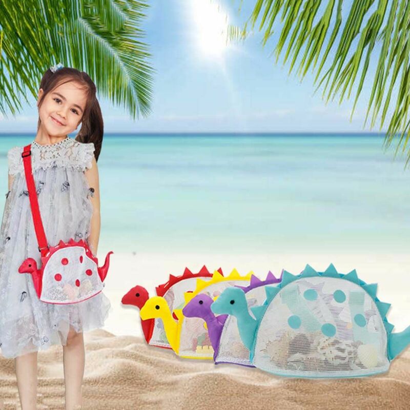 Bolsa Crossbody ao ar livre para crianças, Sand Away Dinosaur Shaped, Recipientes Shell, Armazenamento de brinquedos, Mesh Beach Bag