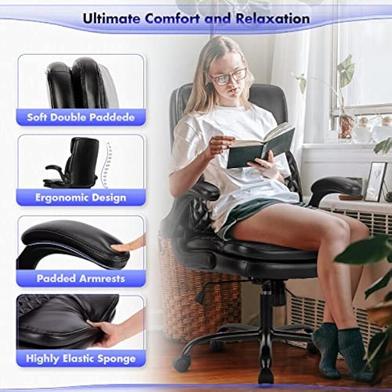 Kursi kantor, kursi komputer eksekutif, kursi kantor rumah ergonomis dengan bantalan lipat lengan atas, tinggi dan kemiringan dapat diatur, tebal