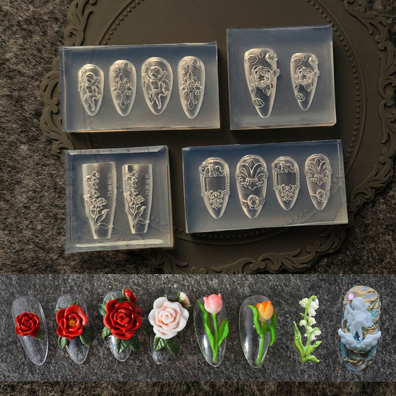 3D Rose Flor Acrílico Prego Mold, Nail Art Decorações, Silicone Estampagem Placas, Unhas Produtos, Acessórios para unhas, 1Pc