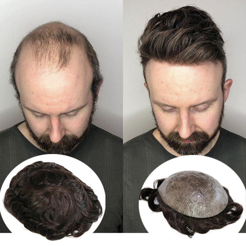 Rambut palsu alami terbaik 8x10 rambut palsu pria Super tahan lama warna coklat rambut palsu kulit manusia kulit PU kapiler Prosthesi