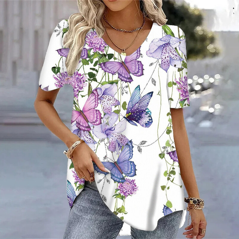 Camiseta feminina de manga curta estampada em borboleta 3D, camiseta com decote em v, blusas casuais soltas, roupas estilo coreano, 2024