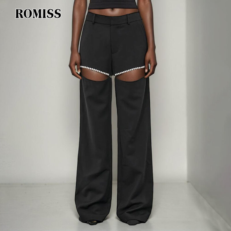 ROMISS patchworkowe spodnie z diamentami dla kobiet z wysokim stanem luźne, dorywczo wydrążone jednokolorowa odzież sportowa szerokie spodnie nogi kobiecej mody