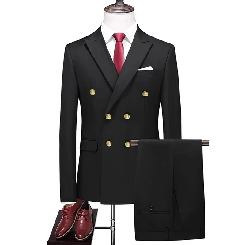 Traje de negocios de doble botonadura para hombre, abrigo de Color sólido, chaqueta delgada para boda, pantalones, 2 piezas