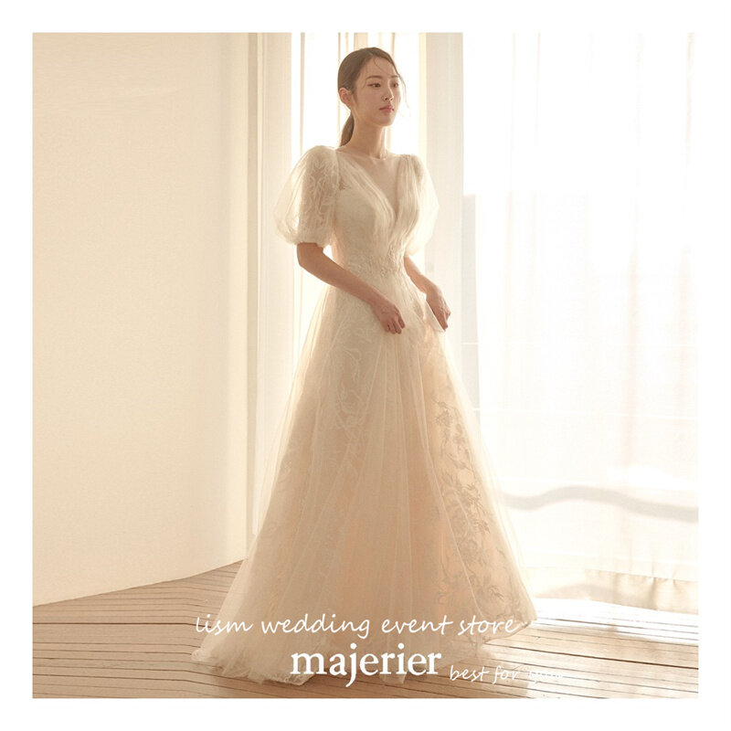 LISM 2024 księżniczka pełna koronka koreańska suknie ślubne Puff krótkie rękawy z okrągłym dekoltem suknie ślubne sesja zdjęciowa eleganckie Mariage