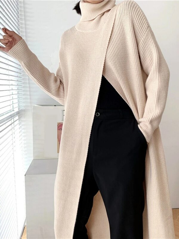[EAM] Sweter Rajut Panjang Ventilasi Longgar Pas Turtleneck Pulover Wanita Lengan Panjang Mode Baru Pasang Musim Gugur Musim Dingin 2023 1DA357