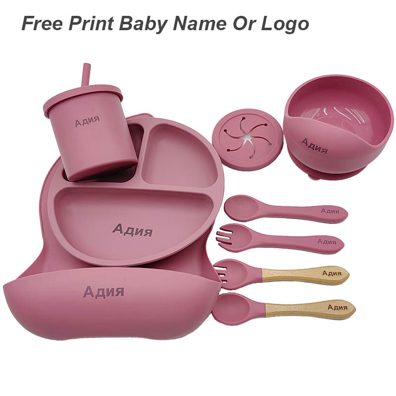 11Pcs Silicone Feeding Sets For Baby Personalized Name Children's Tableware Suction Cup Plates Bowl Feeding Cups Free Shipping