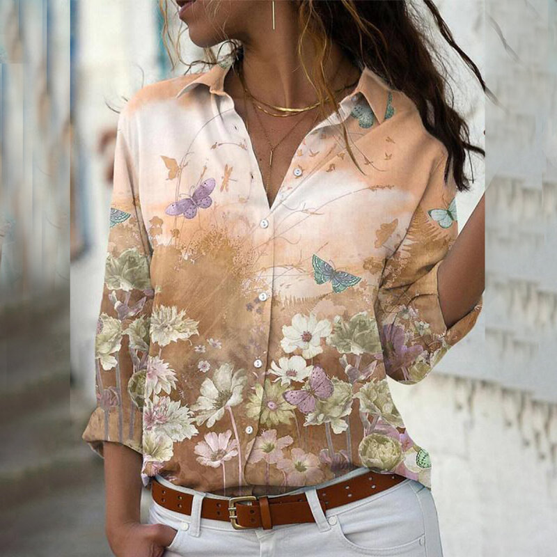 Рубашка Женская эластичная с V-образным вырезом и цветочным принтом