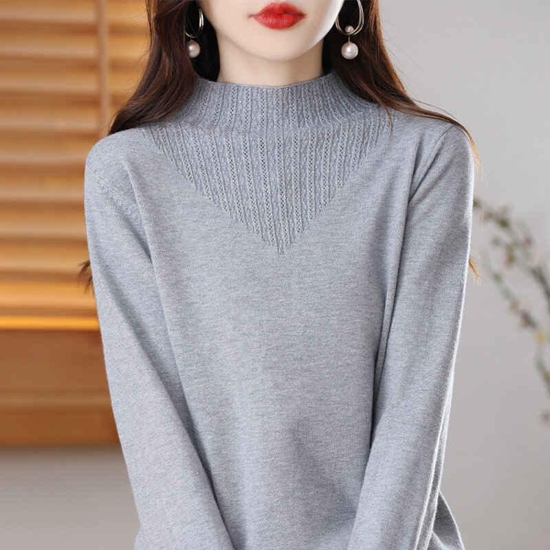 여성 세미 하이넥 니트 바텀 셔츠, 루즈한 긴팔 단색, 얇은 외국 스웨터, 2023 가을 겨울 신상