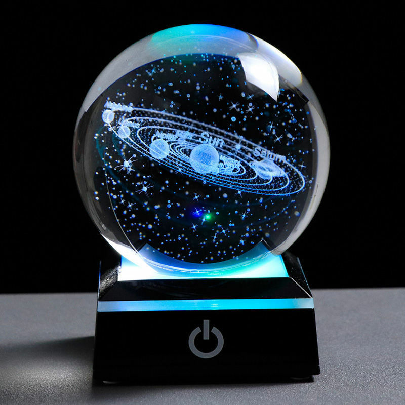 Bola de cristal láser tallado interior meteorito Sistema Solar esfera tridimensional miniatura planeta decoración mesa Luz Ambiental