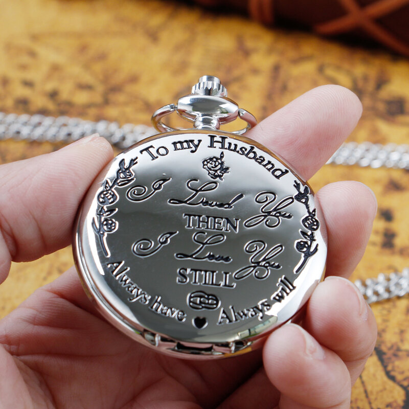 To my husband Silver Retro Pocket Watches For Men Personalised Business 30cm Waist Hook Chain Quartz Pocket FOB Watch Necklace