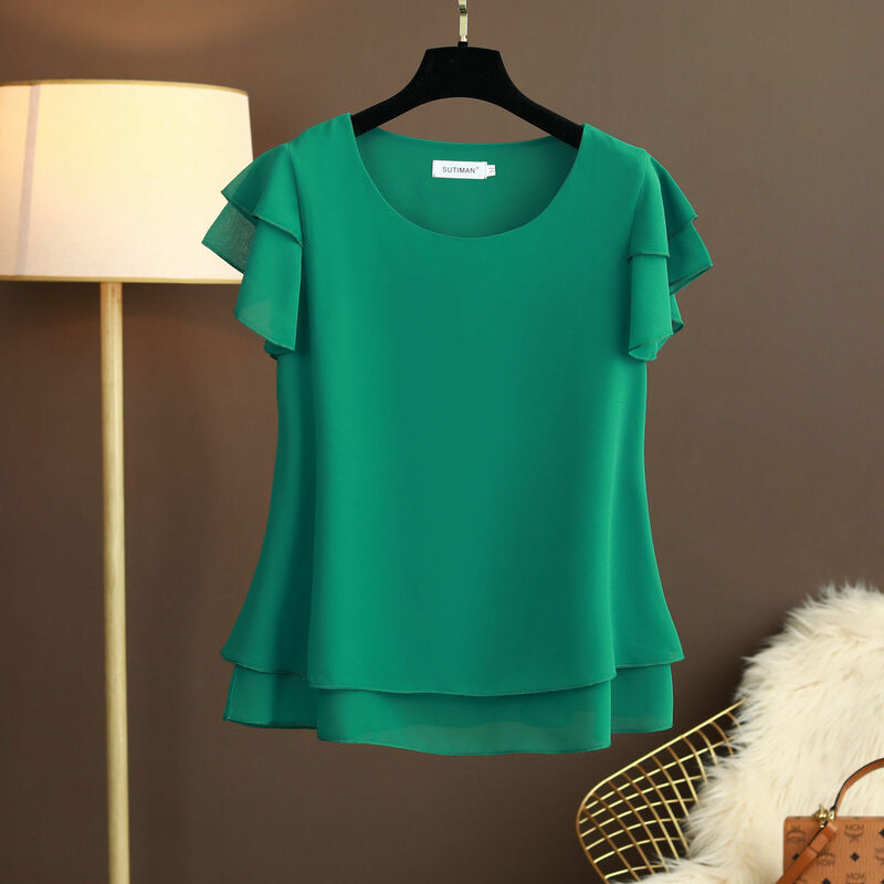 New Summer Women Blouse Loose O-Neck Chiffon Shirt Female Short Sleeve Blouse Oversized Shirts womens tops and blouses Top