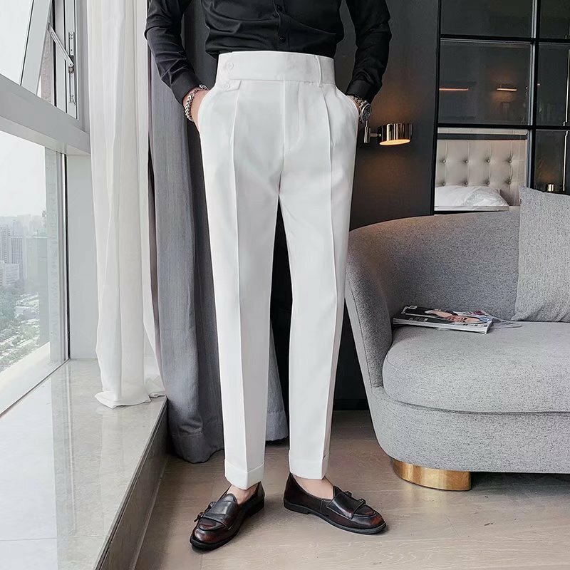 Celana panjang bisnis pria, celana panjang Slim Fit warna Solid, celana kaki lurus pinggang tinggi untuk Kantor Sosial gaya Inggris