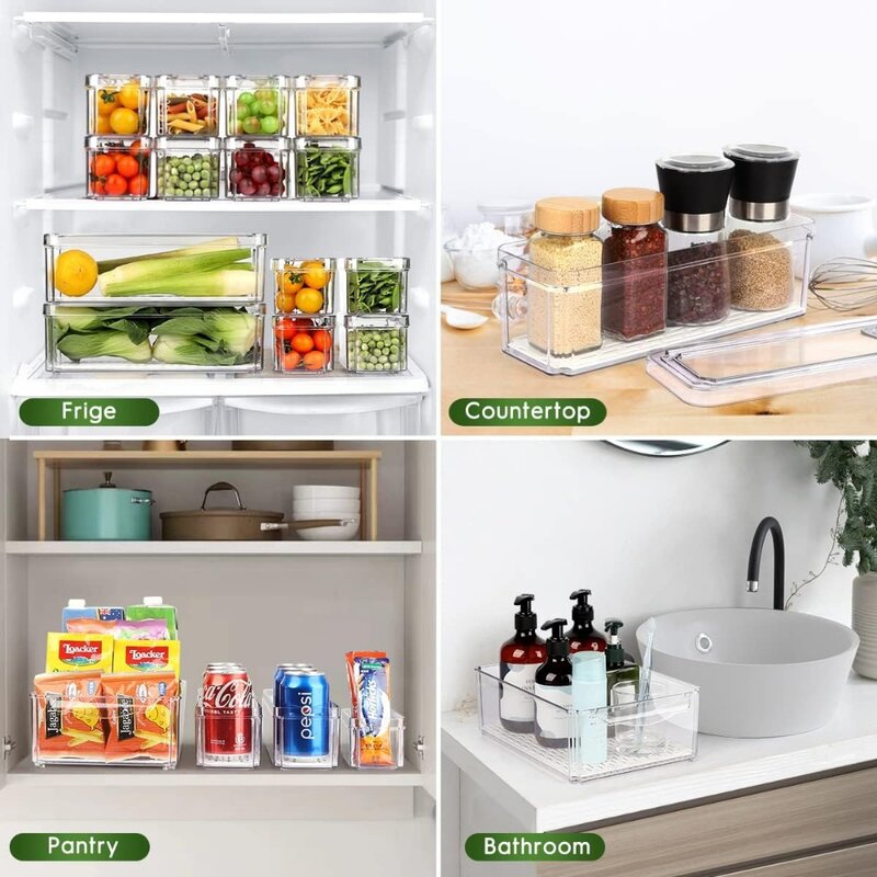냉장고 정리함, 뚜껑이 있는 쌓을 수 있는 냉장고 정리함 통, BPA 프리 냉장고 정리 도구 및 보관 용기, 14 팩