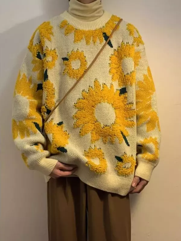 Suéteres florales flocados para hombres, ropa de punto holgada, estilo japonés, Retro, High Street, Harajuku, primavera y otoño