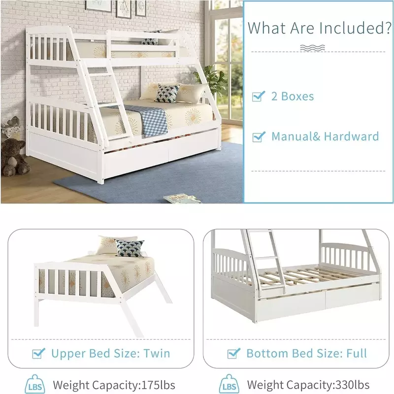 Podwójne z litego drewna na pełnym łóżko piętrowe z dwoma szuflada, zdejmowaną drabiną i barierka ochronna dla dzieci, kabriolet