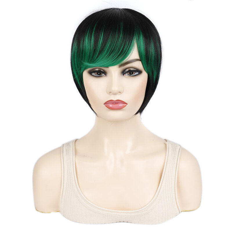 Оптовая продажа, Женский Короткий прямой парик с зелеными, синими, красными, розовыми волосами, индивидуальный отбеливатель, диагональные челки с градиентом