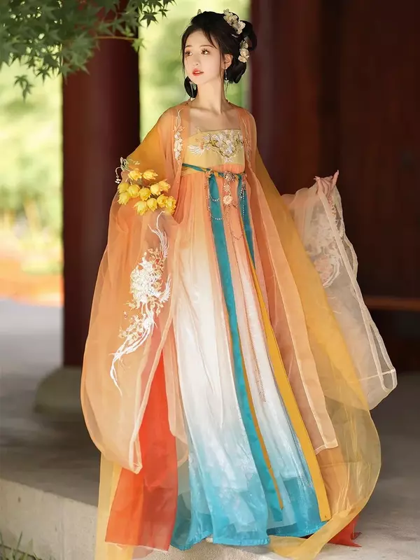 Yilinfang ชุดกระโปรงจีนโบราณปักลายสีส้มราชวงศ์ถัง5ชิ้นเสื้อผ้าจีน