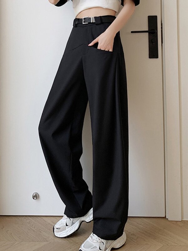 Spring Summer Wide Leg Full Pants with Belted Womens 2023 New High Waist Straight Loose Casual Black Suit Trousers