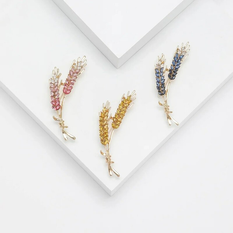 Trendy Ear of Wheat Brooches for Women Rhinestone Blue and Yellow Plant Pins Jewelry Rhinestone Badge Delicate Gift Accessories