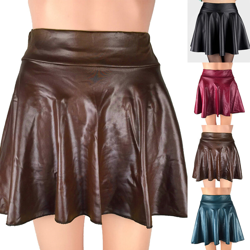 Rok Mini wanita rok matahari rok lipit musim panas Cosplay Clubwear rok kulit imitasi gadis sekolah