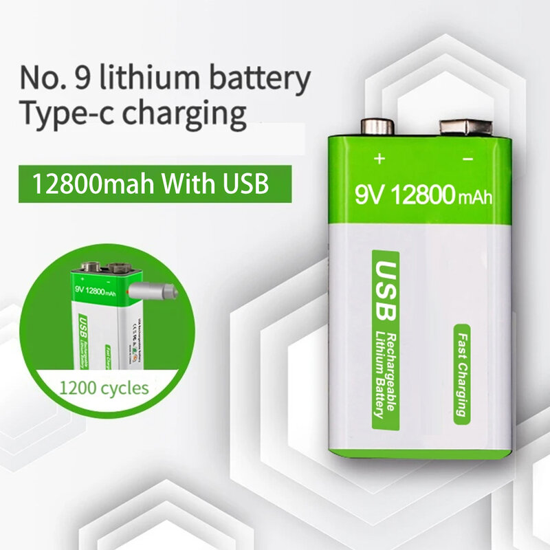 Bateria recarregável Micro USB 9V Li-ion, baterias de lítio para multímetro, microfone, brinquedo, controle remoto, KTV, 12800mAh, 6F22