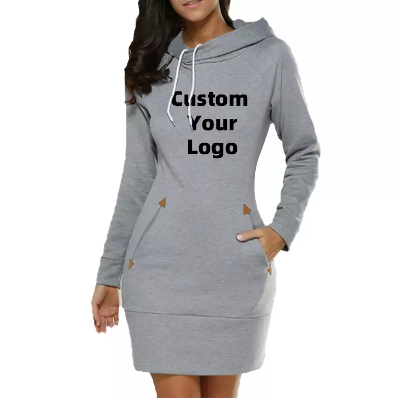 Kustom Logo Anda gaun Hoodie serut lengan panjang wanita dengan saku mode ramping bertudung Pullover Sweatshirt Gaun