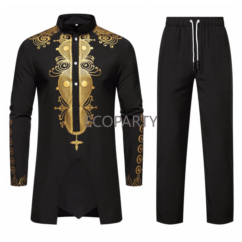 Mens African 2 Piece Set Traditional Suit Dashiki Long Sleeve Gold Print Button Down Shirt and Pants Outfit Piece Men Robe Set