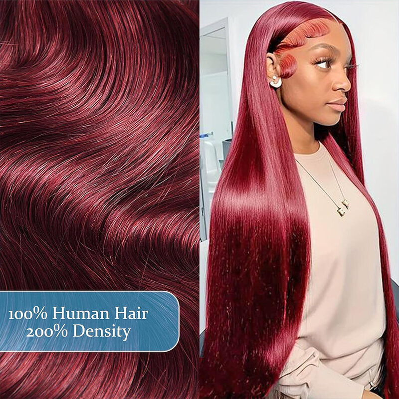 99j bordowe koronkowa peruka na przód ludzkie włosy 26 cali 13x6 koronkowa peruka na przód ludzkie włosy proste czerwone koronkowa peruka na przód HD o 200 gęstości