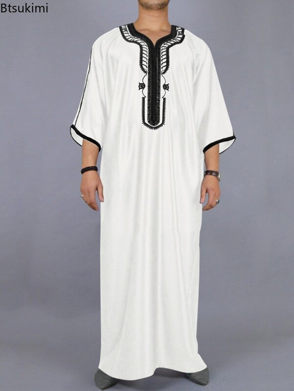 Nowy 2024 moda muzułmańska abaje dla mężczyzn Patchwork z haftem długa suknia saudyjski arabski Kaftan męski Jubba Thobe islamski marokański abaja