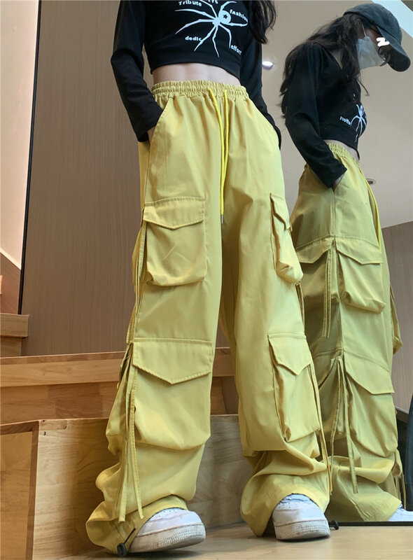 Pantalones Cargo de pierna ancha con bolsillos para mujer, ropa de calle informal de Color sólido, cintura alta con cordón, pantalones sueltos de verano