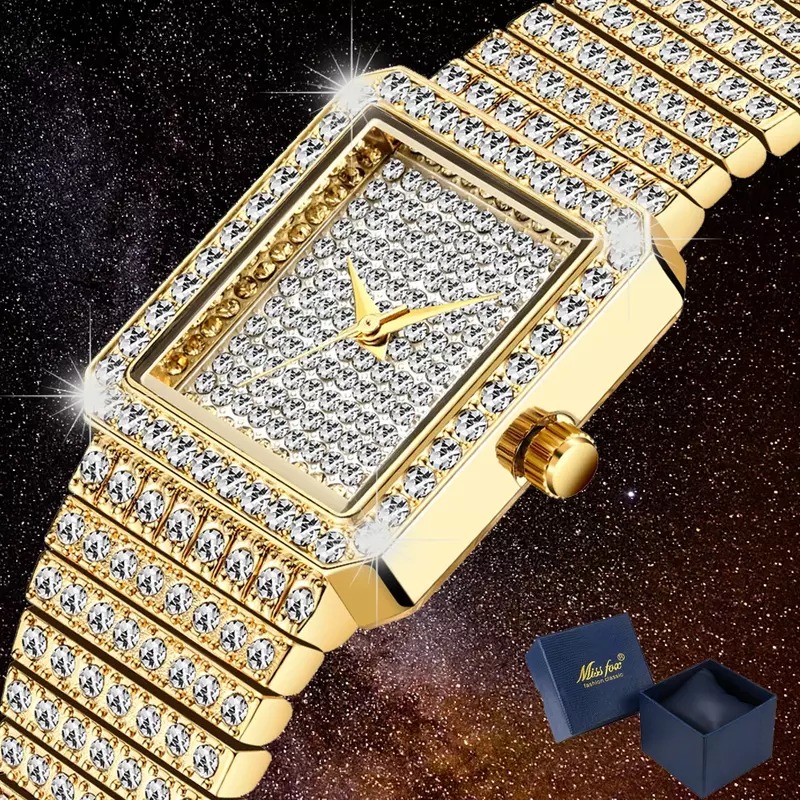 Luxury Bling เพชรนาฬิกาสำหรับสตรี Hip Hop ผู้หญิงนาฬิกานาฬิกา Gold Square ICE OUT Ladies นาฬิกาข้อมือ Reloj Mujer ใหม่