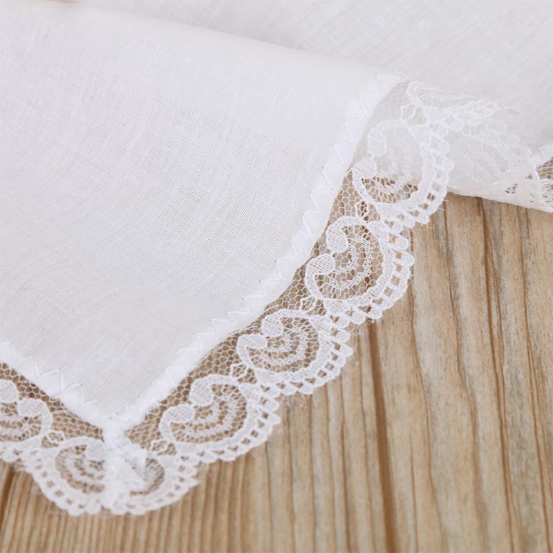 Mouchoir carré blanc uni Crochet coeur pêche festonné garniture en dentelle, serviette en coton bricolage de mariage de mariée 25x25cm pour femmes