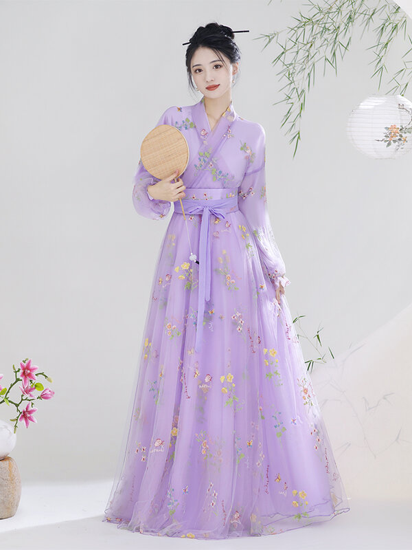 Jaqueta e vestido chinês para mulheres, traje antigo, traje Han roxo, estilo diário, recitação do coro