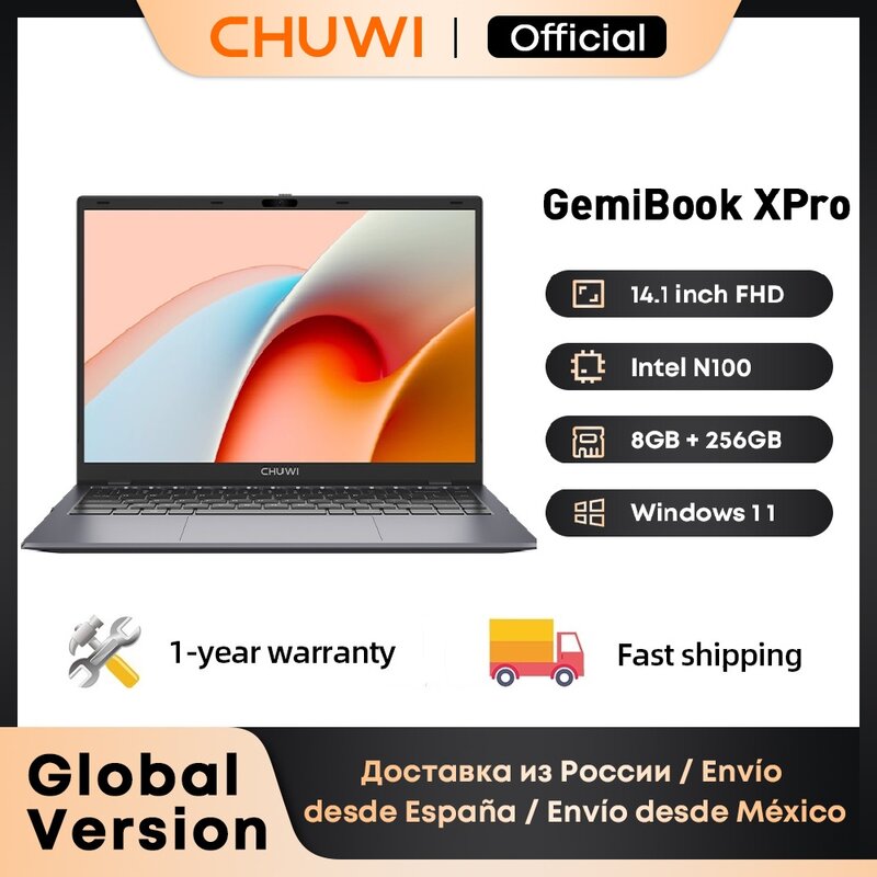 CHUWI-GemiBook XPro حاسوب محمول Intel ، ذاكرة عشوائية 8 جيجابايت ، SSD 256 جيجابايت ، شاشة UHD 14.1 بوصة ، معالجات Intel N100 ، حاسوب محمول ويندوز 11 ، حاسوب شخصي