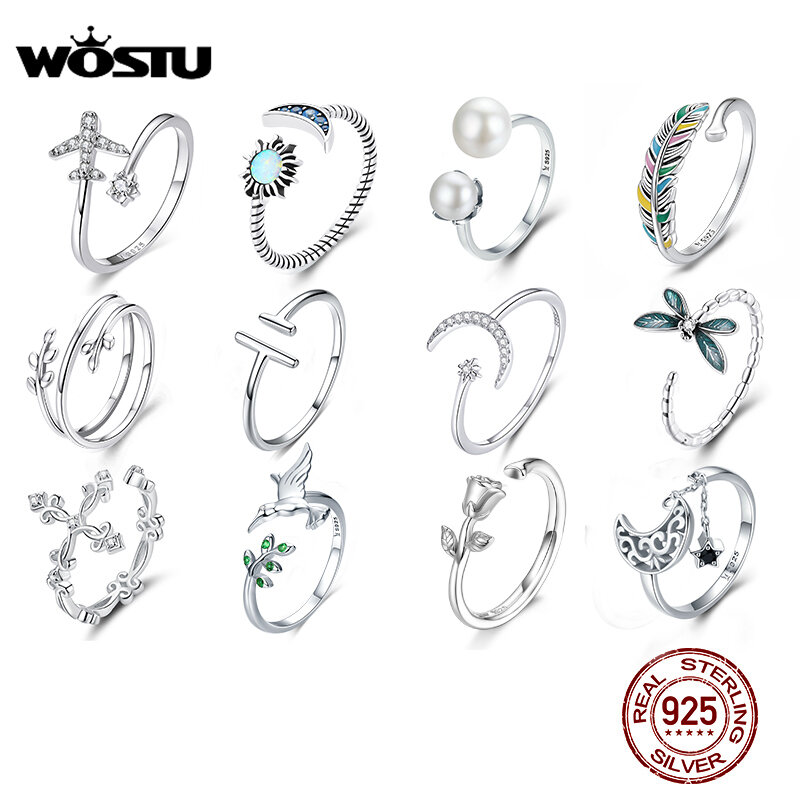 Cincin autentik 925 perak murni, zirkon pertunangan dapat ditumpuk ukuran cincin terbuka untuk wanita perhiasan asli